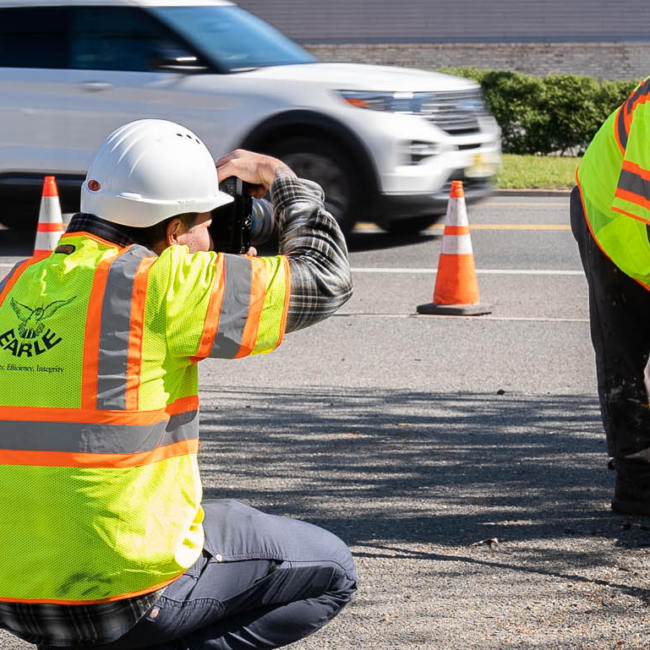Two construction workers excavating road and surveying with traffic cones and SUV in background