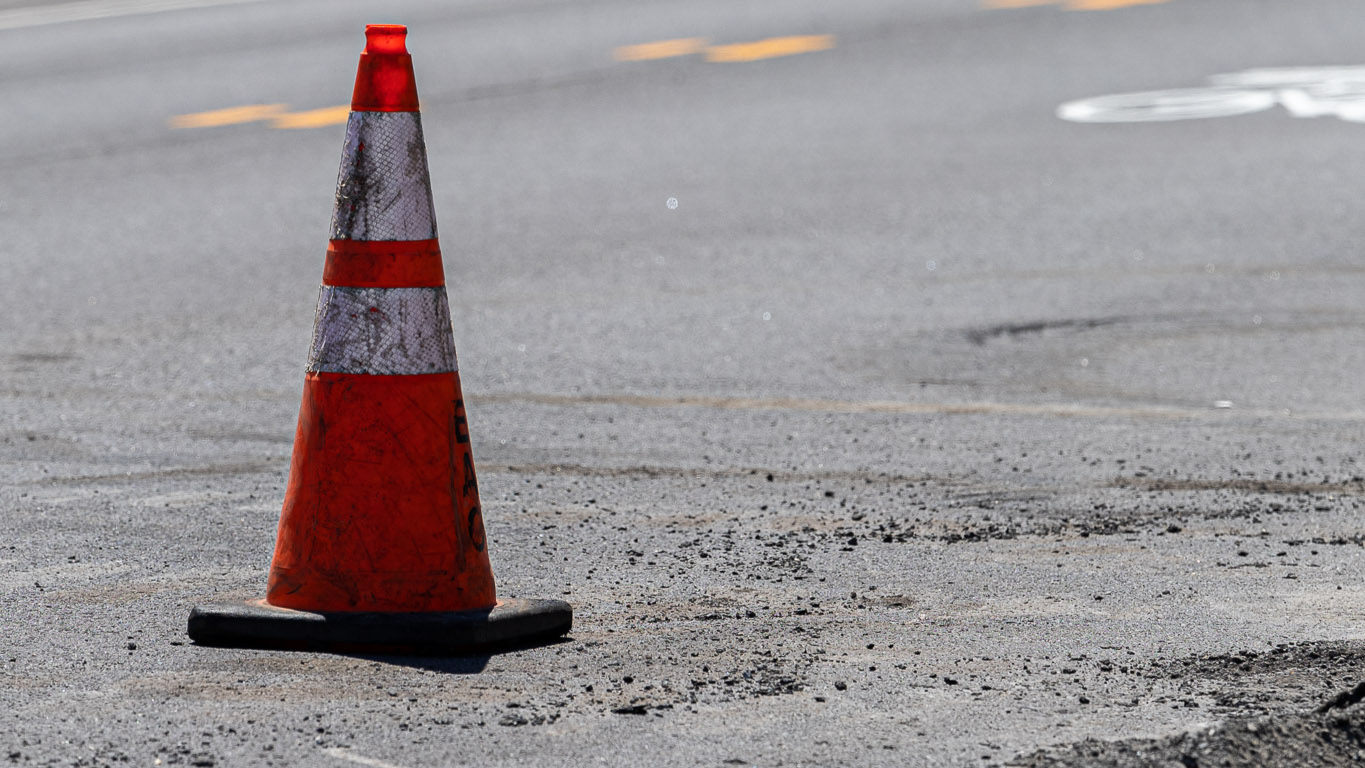 Earle American traffic cones on parking lot under repair
